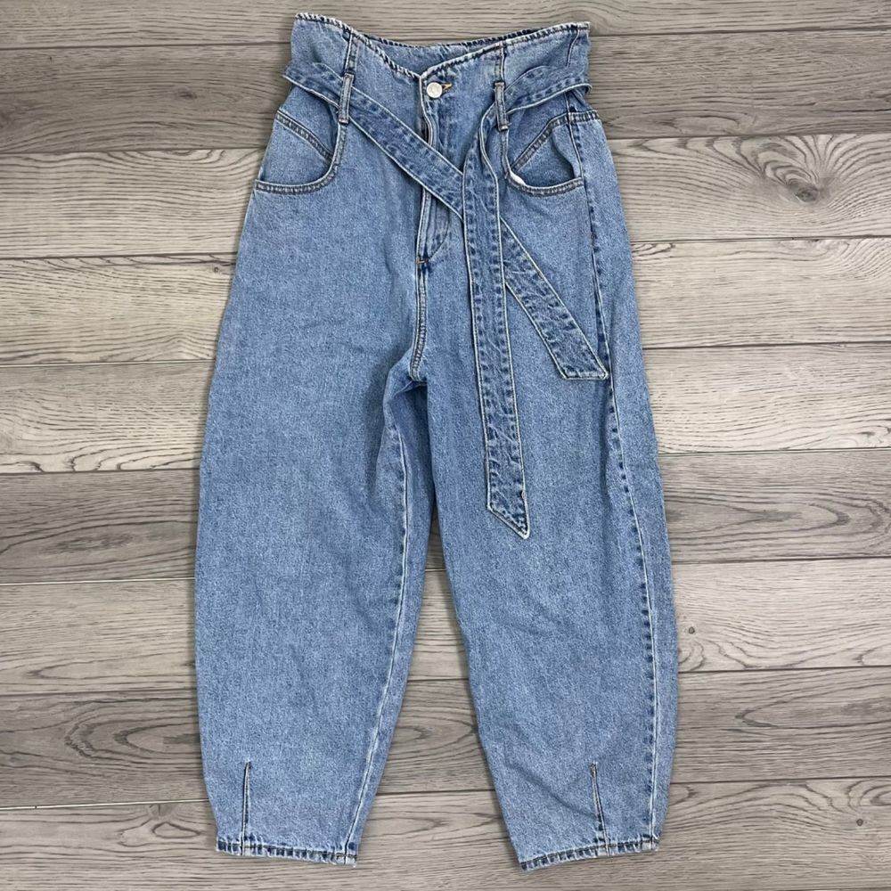 Zara Size 4 Cotton Paper Bag Belted Tapered Leg High Rise Vintage Denim Mom Jean